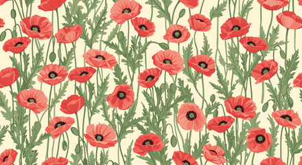 Obraz premium Beautiful seamless pattern featuring delicate red poppy flowers with green stems and leaves on a light background, creating a fresh botanical design.