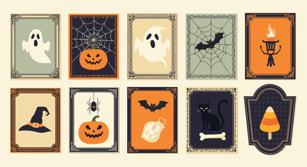 Collection of vintage-style pixel art Halloween illustrations featuring spooky characters and traditional symbols.