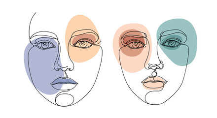 Abstract continuous line art faces with soft pastel color shapes creating a modern and minimalist artistic illustration.