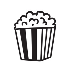A minimalist black and white vector illustration of a popcorn icon for cinema settings, drawn with smooth outlines and a bold bucket form to evoke the feeling of watching films.
