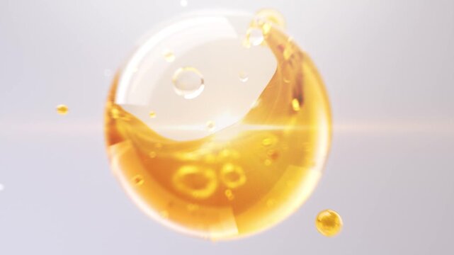 Golden essence sphere releases anti-aging and moisturizing energy, water waves roll inside the ball, cosmetic hyaluronic acid bubbles,whitening skin,use for hair care,skin care beauty. 3D rendering.