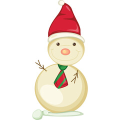 Smiling Snowman Wearing A Red Santa Hat And Striped Tie With Twig Arms On A Transparent Background