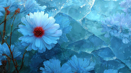 Oil Painting Ethereal Blue Daisies on a Cracked Ice Surface