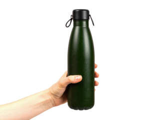 Green metal water bottle held by hand reusable eco friendly flask on transparent background