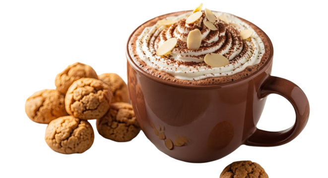 Close Up Cocoa Drink with Almond Bites on Smooth White Board