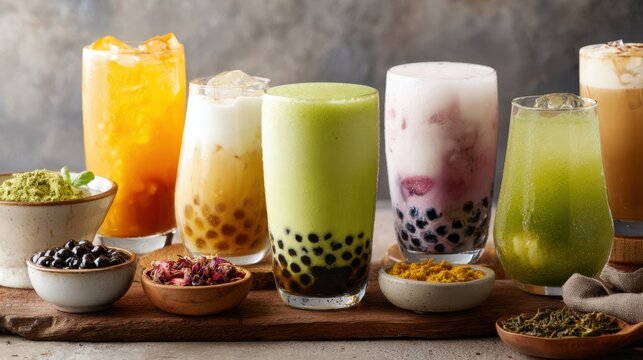 A delicious selection of bubble teas and fruit drinks beautifully arranged on a wooden table with toppings.