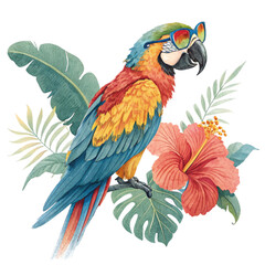 Vibrant macaw parrot wearing cool sunglasses surrounded by lush tropical foliage and a bright hibiscus flower, perfect for summer vibes and exotic themes