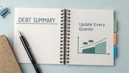 Debt Summary Notebook for Quarterly Updates Featuring Graph and Pen on Desk with Paper Clips and Tab Dividers