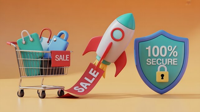 Online shopping concept with a rocket launching from a shopping cart symbolizing fast delivery and secure transactions for e-commerce and digital marketing