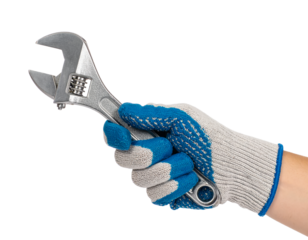 Adjustable wrench tool in gloved hand maintenance and repair work on transparent background