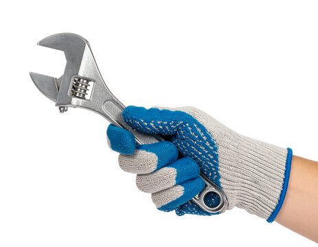 Adjustable wrench tool in gloved hand maintenance and repair work on transparent background