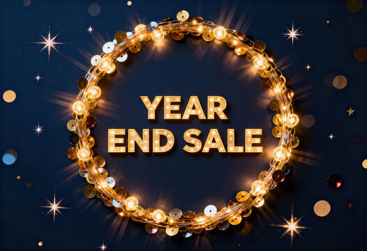 Year end sale text adorned with a string of lights, set against a dark blue background with sparkling decor