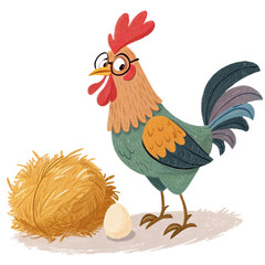Whimsical rooster with glasses stands proudly beside a nest and single egg, bringing charm to farm and educational themes.