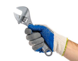 Adjustable wrench in hand repair tool maintenance equipment work on transparent background