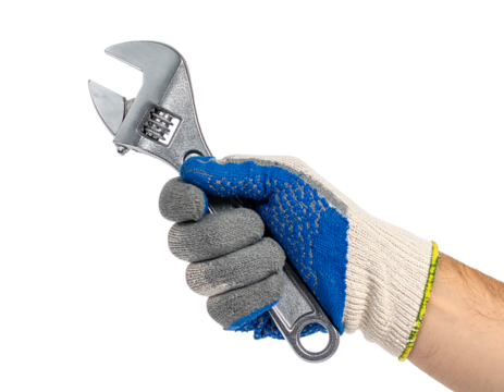 Adjustable wrench in hand repair tool maintenance equipment work on transparent background