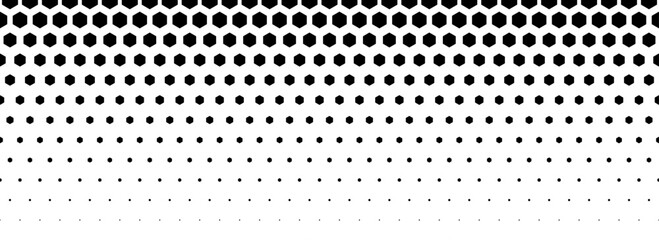 Black hexagon gradient texture. Fading honeycomb pattern background. Geometric hexagonal halftone tech overlay backdrop. Abstract grunge halfton wallpaper. Vector retro technology dot texure