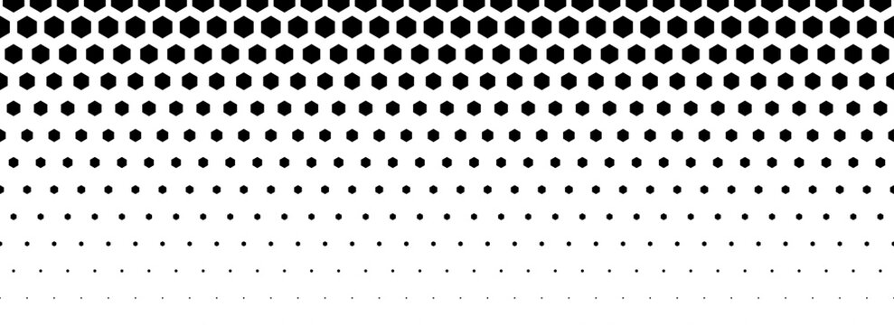 Black hexagon gradient texture. Fading honeycomb pattern background. Geometric hexagonal halftone tech overlay backdrop. Abstract grunge halfton wallpaper. Vector retro technology dot texure