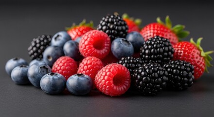 Pile of mixed fresh berries on dark background featuring strawberries raspberries and blueberries