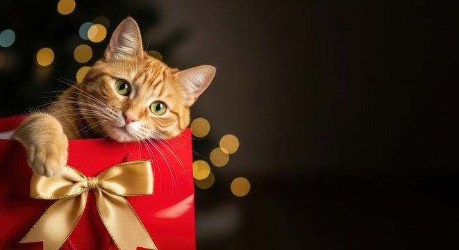 An orange tabby cat peeks out of a red gift box adorned with a gold ribbon. Soft bokeh lights create a festive atmosphere, perfect for Christmas.