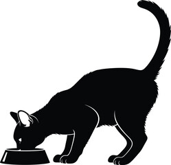 Black cat eating from bowl silhouette vector illustration, domestic pet animal design, feline feeding concept for pet food, veterinary, logo, and decoration art