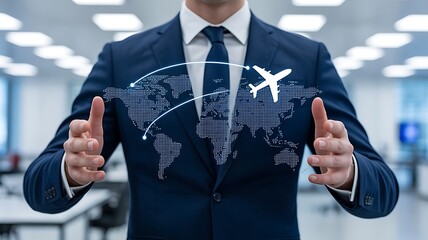 Businessman presenting global travel routes with airplane and world map