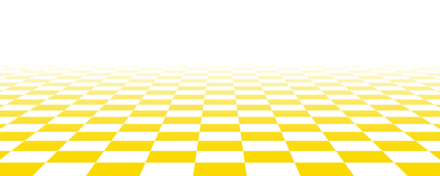 Golden checkerboard floor in perspective. Abstract checkered tile pattern background. Retro horizontal chess board grid plane surface. Vintage yellow empty room checker stage. Vector ballroom floor