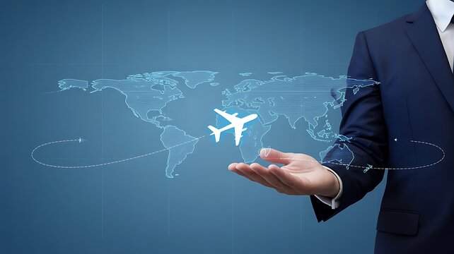 Businessman holding airplane and world map with travel routes