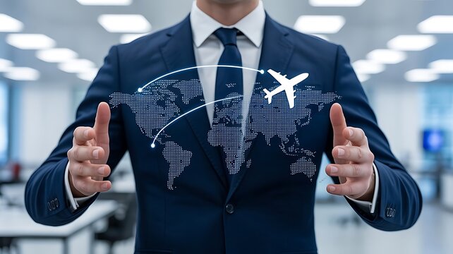 Businessman presenting global travel routes with airplane and world map