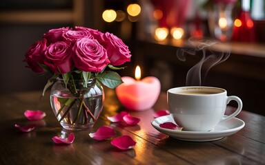 Fototapeta premium Romantic coffee break with roses and candlelight a cozy and intimate scene for Valentines Day or special occasions on a rustic wooden table