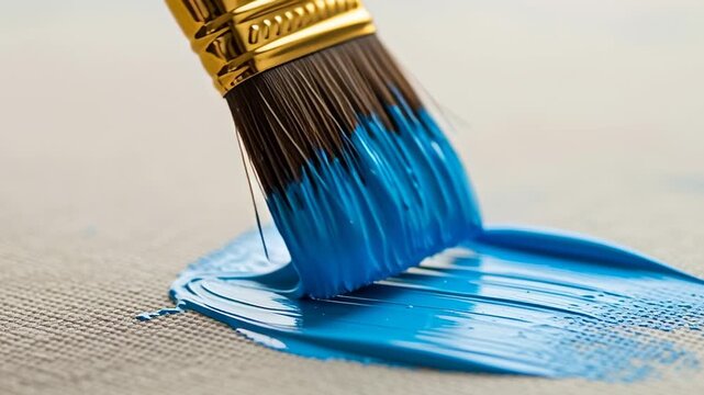Close up of a paintbrush applying blue paint to a textured surface.