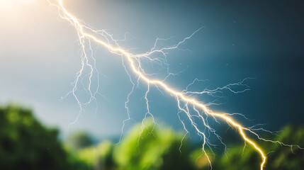 A dramatic lightning strike illuminates the stormy sky, showcasing the power of nature amidst lush greenery below.