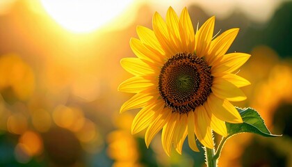 Obraz premium A single, vibrant sunflower bathed in the warm glow of the setting sun, set against a soft-focus field of similar flowers.