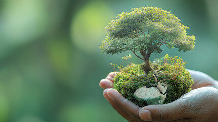 Hand Holding Miniature Eco-City: Natural Vegetation and Skyscrapers in Harmony, Environmental Protection and Urban Construction Theme