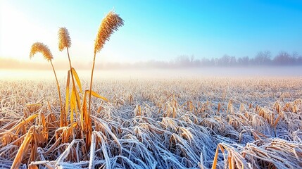 A serene winter landscape featuring frosted reeds in a field at sunrise, with mist obscuring the distant treeline.