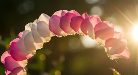 Close up of pink and white rose petals forming an arch against sunlight