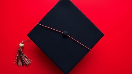 academia. Graduation cap with tassel and decorative bow on red background in a top-down view composition. event programs, museum guides, designed for cultural heritage projects and event programs.