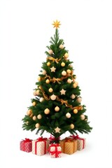 Beautifully decorated christmas tree with presents underneath on white background