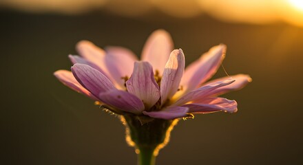 Fototapeta premium Close up of pink flower blooming against warm sunset light in nature