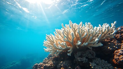 zooxanthellae. White coral reef in clear ocean water with sunlight filtering from above. ESG reports, sustainability campaigns, designed for environmental awareness campaigns, used by chefs.