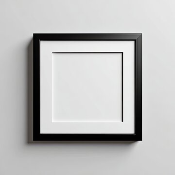 A square black picture frame with a white matte, floating on a light gray wall