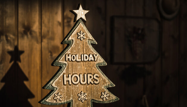 Wooden Holiday Hours Sign in Christmas Tree Shape