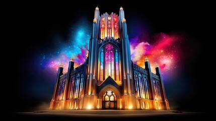 A majestic Gothic cathedral is bathed in a spectrum of colorful lights, with a swirling nebula effect creating a cosmic backdrop.