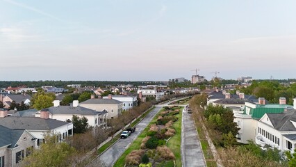 Aerial view of colorful luxury houses in Houston, Woodlands in Texas, United States