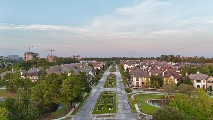 Aerial view of colorful luxury houses in Houston, Woodlands in Texas, United States