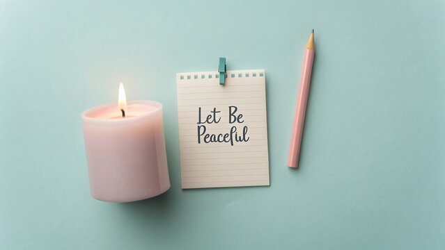 Tranquil Candle and Inspirational Note on Soft Blue Background for Calmness and Relaxation in Serene Environment
