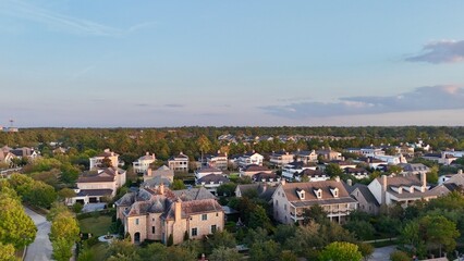 Aerial view of colorful luxury houses in Houston, Woodlands in Texas, United States