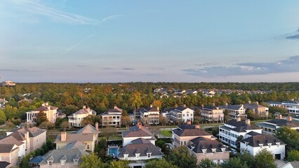 Aerial view of colorful luxury houses in Houston, Woodlands in Texas, United States