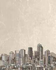 Urban Skyline Illustration with Monochrome Effect and Textured Background