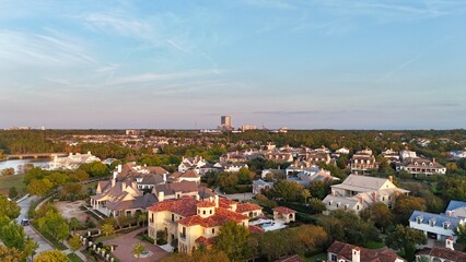 Aerial view of colorful luxury houses in Houston, Woodlands in Texas, United States