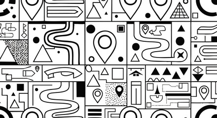 Abstract black and white geometric pattern featuring various map elements and shapes in a tiled arrangement.